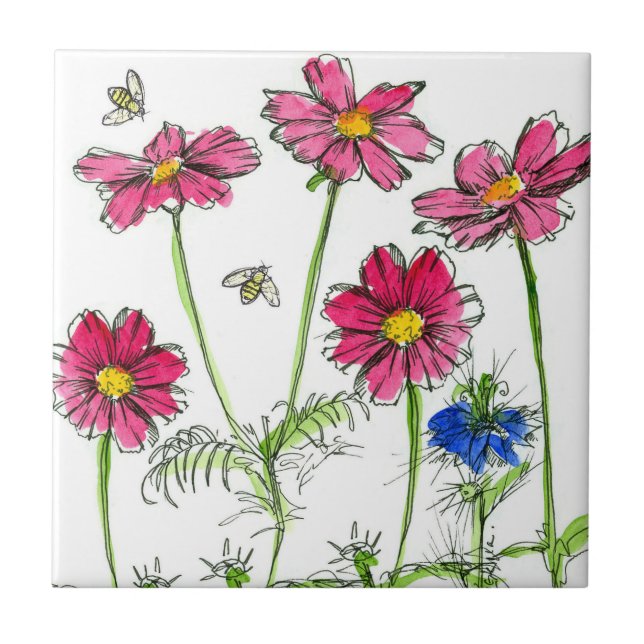 Carreau Abeilles Nigella Cosmos Hot rose Fleurs d'aquarell (Devant)