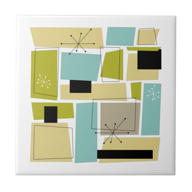 Carreau Abstrait Bleu Jaune Carrés milieu du siècle (Devant)