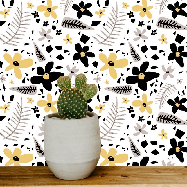 Carreau Abstrait Gris jaune noir gris sans joint motif flo (Abstract Black Yellow Gray Seamless Floral Pattern Ceramic Tile)