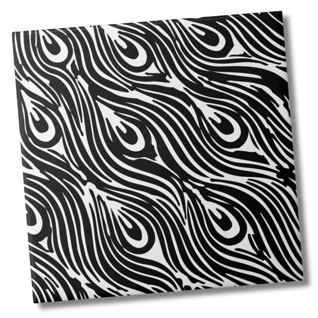 Carreau Abstrait Moderne Tendance Plumes Noir Blanc Impres (Abstract Modern Trendy Feather Black White Print ceramic tile)