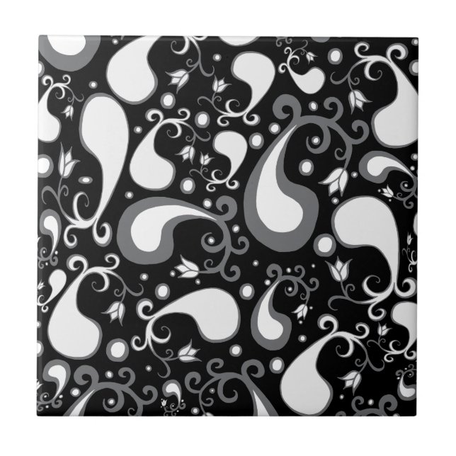 Carreau Abstrait noir et blanc Tulip Paisley Floral (Devant)