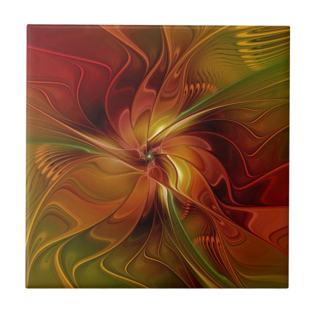 Carreau Abstrait Rouge Orange Brown Vert Fractal Art Flowe (Devant)