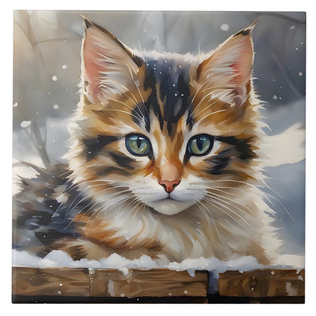 Carreau Adorable Calico Chat dans le Pose Portrait de Neig (Devant)