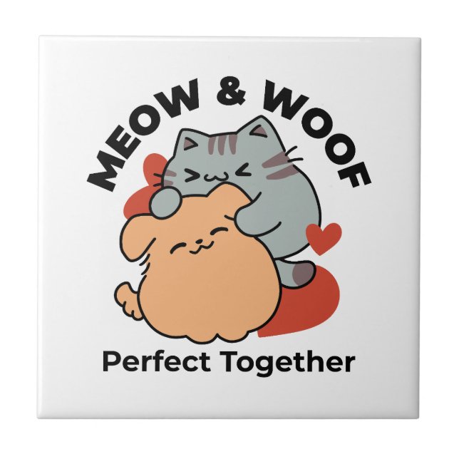 Carreau Adorable chat et chien Hug - Meow & Woof Design (Devant)