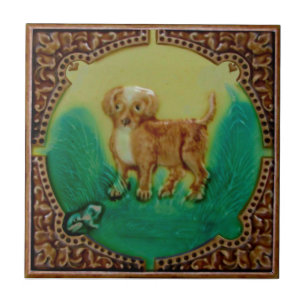 Carreau Adorable Chiot et grenouille Antique Repro Faux Re