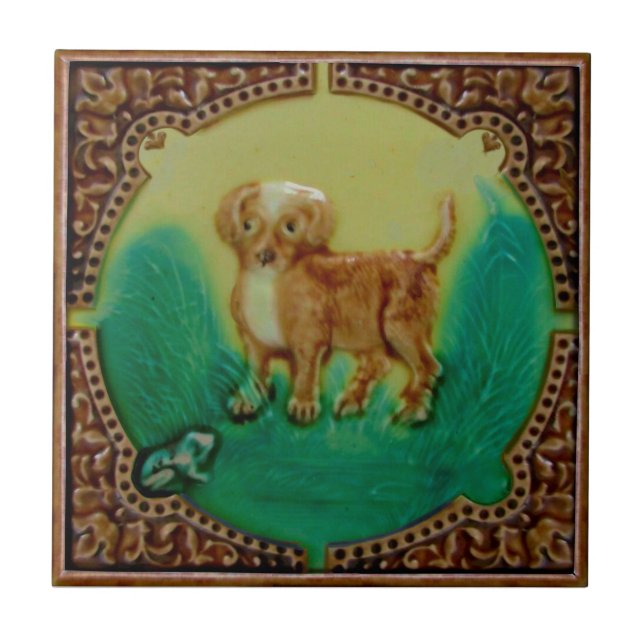 Carreau Adorable Chiot et grenouille Antique Repro Faux Re (Devant)