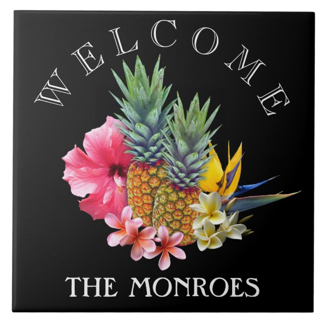 Carreau Affiche de bienvenue d'ananas noir Nom de famille (Devant)