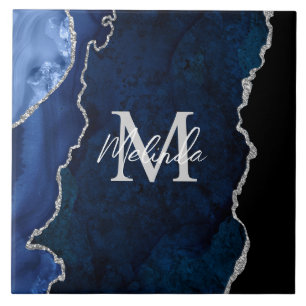 Carreau Agate de marbre bleu marine et argenté