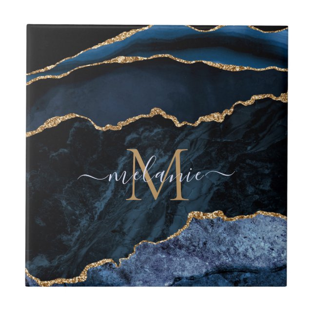 Carreau Agate Marine Blue Gold Gemstone Marble Nom du mono (Devant)