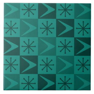 Carreau Âge atomique À damiers Boomerangs Turquoise