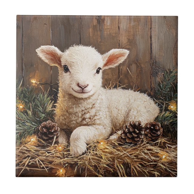 Carreau Agneau de Noël mignon peinture rustique (Devant)