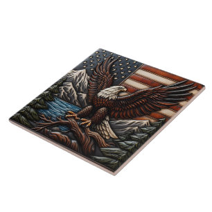 Carreau Aigle à Bald avec drapeau américain et montagnes