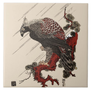 Carreau AigLE SUR LA BRANCHE À PINS DANS LA PLUIE Ukiyoe