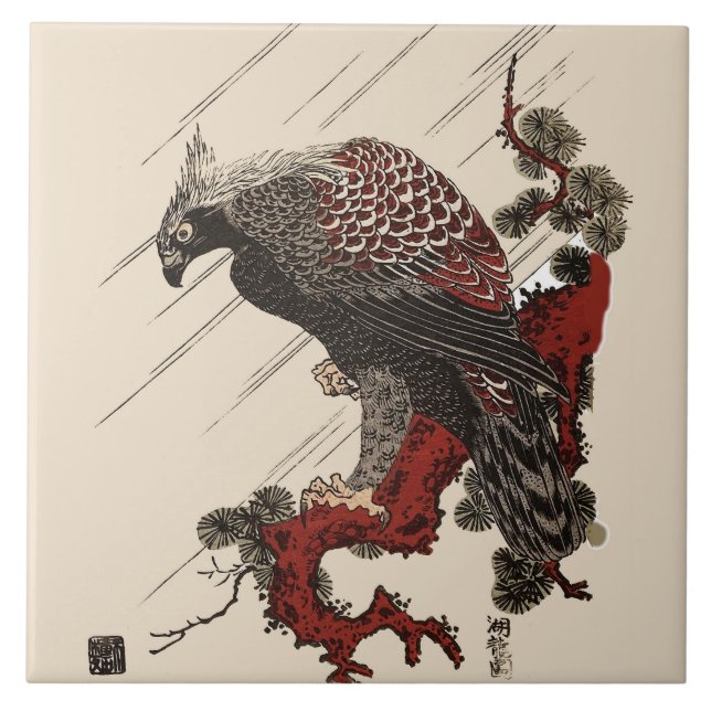 Carreau AigLE SUR LA BRANCHE À PINS DANS LA PLUIE Ukiyoe (Devant)