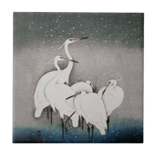 Carreau Aigrettes de Koson dans la neige : vintage japonai