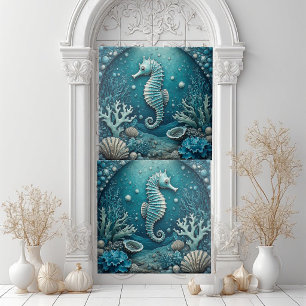 Carreau Aigue-marine Hippocampe Coquillages Coraux Récif