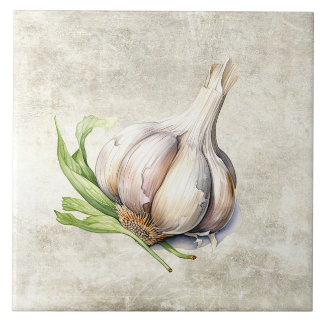 Carreau Ail rustique Faux Texture Cuisine Aquarelle (Devant)