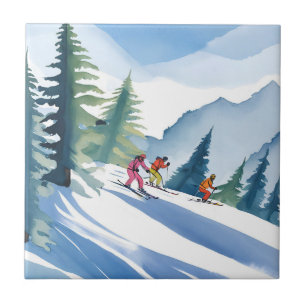 Carreau Allons Ski Peinture Aquarelle d'Hiver
