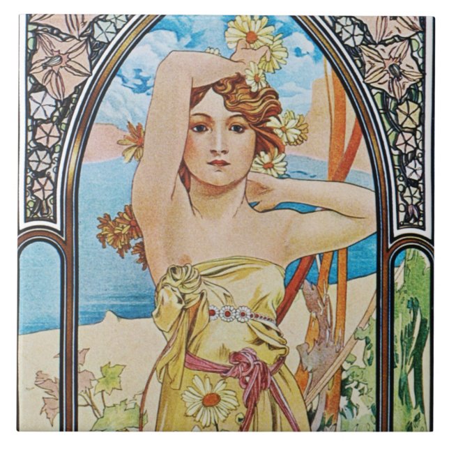 Carreau Alphonse Mucha Daybreak Tile Trivet Boîte cadeau (Devant)