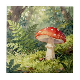 Carreau Amanite tue-mouches rouge scène de forêt à l'aquar