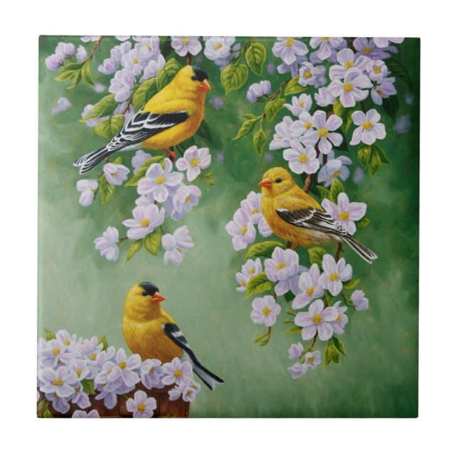 Carreau American Goldfinches & Pink Apple Blossings (Devant)