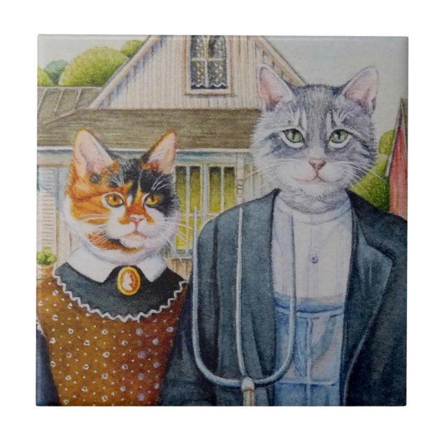 Carreau American Gothic Parody Painting Aquarelle Art (Devant)
