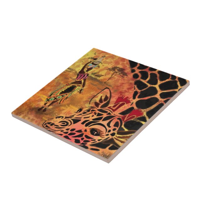 Carreau Amis en céramique de fille et de girafe (Côté)