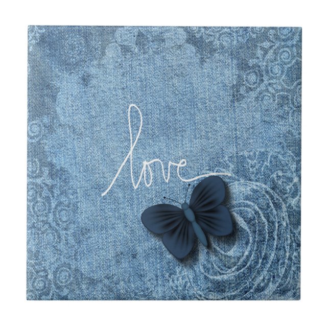 Carreau Amour bleu de papillon de denim de nature (Devant)