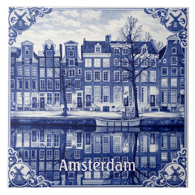 Carreau Amsterdam canal Delft Blue style Ceramic Tile (Devant)