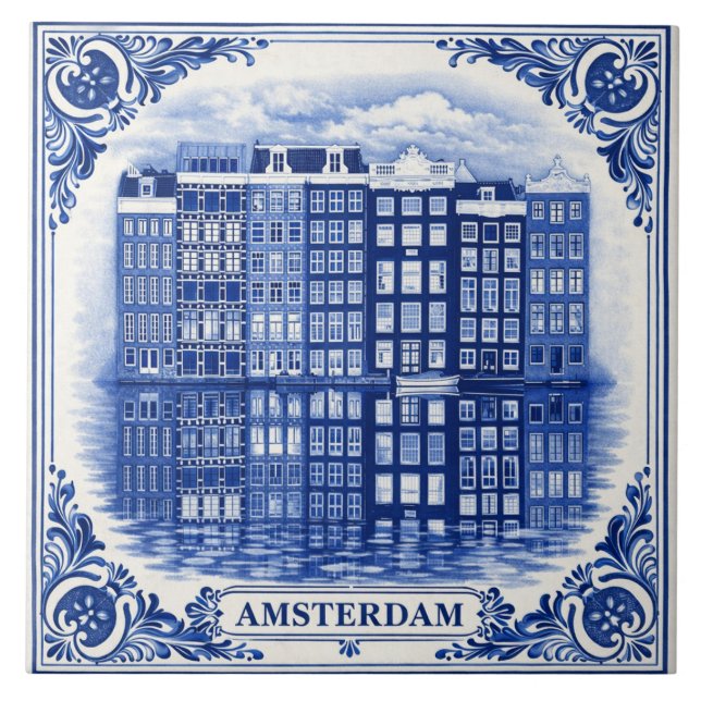 Carreau Amsterdam canal houses Delft Blue style tile (Devant)