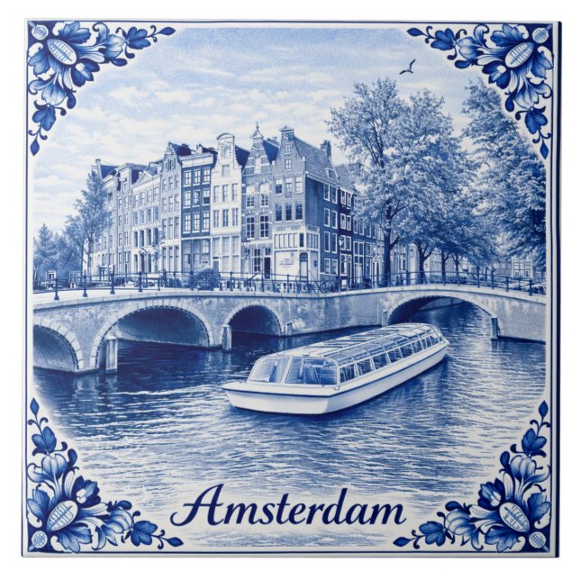 Carreau Amsterdam canal houses Delft Blue style tile (Devant)