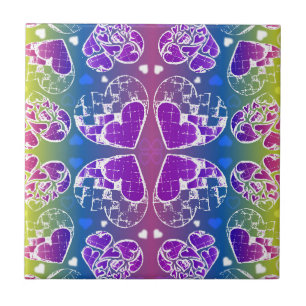 Carreau Amusant Violet, bleu, jaune motif de Coeurs Whimsi