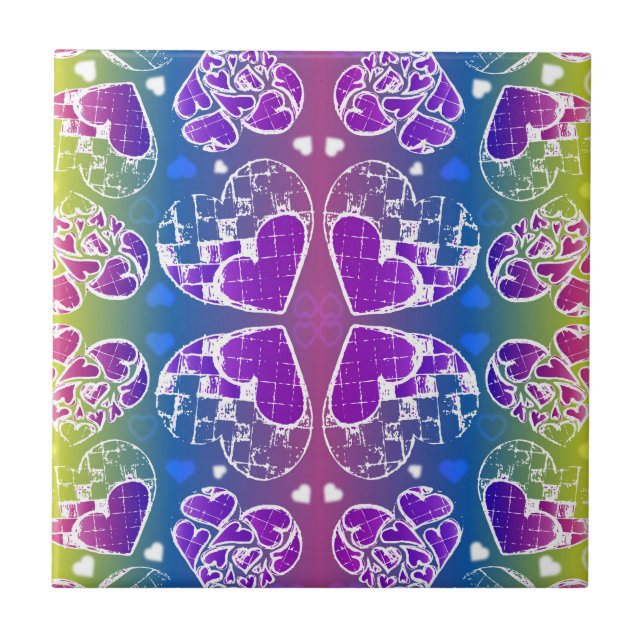 Carreau Amusant Violet, bleu, jaune motif de Coeurs Whimsi (Devant)