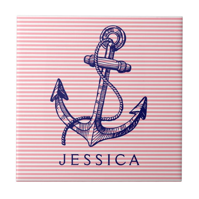 Carreau Ancre Marine Bleue Bateau Nautique 2 Et Pink Strip (Devant)