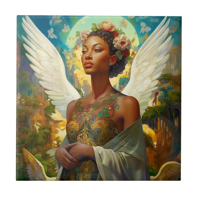 Carreau Ange afro-américain déesse Imaginaire Art (Devant)