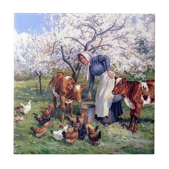 Carreau Animaux de ferme de alimentation de fille peinture (Devant)