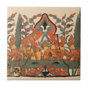 CARREAU ANIMAUX FORESTIERS, RABBITS ROUGES PARMI LES FLEUR