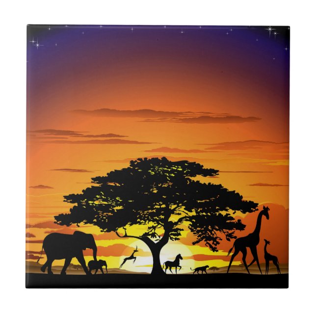 Carreau Animaux sauvages sur le coucher de soleil de la sa (Devant)