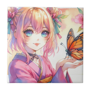 Carreau Anime Girl tenant un papillon