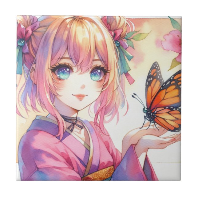 Carreau Anime Girl tenant un papillon (Devant)