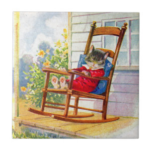 Carreau Années 1930 adorable chaton napper sur rocker de p