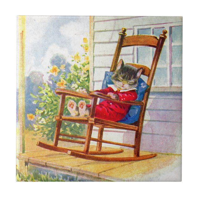 Carreau Années 1930 adorable chaton napper sur rocker de p (Devant)