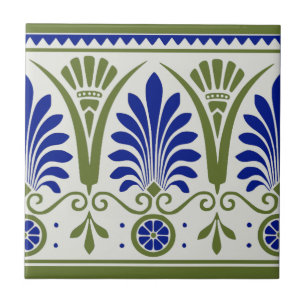 Carreau Antique Bleu Vert Palmette Deco Bordure Tile Repro