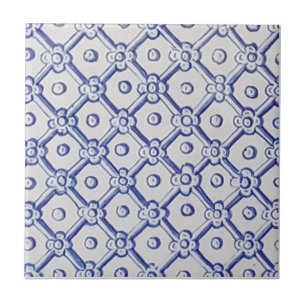 Carreau Antique Delft Tile Bleu et Trellis blanc