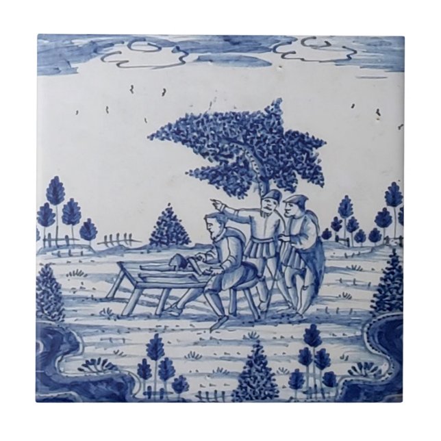 Carreau Antique Delft Tile-Pastoral Scène-Bleu & Blanc-13 (Devant)