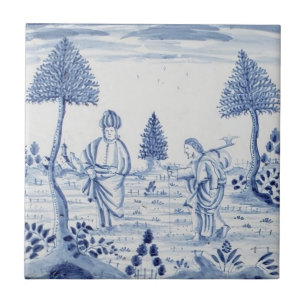 Carreau Antique Delft Tile-Pastoral Scène-Bleu & Blanc-13