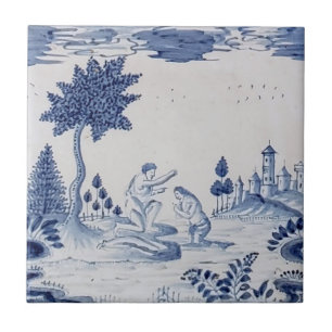 Carreau Antique Delft Tile-Pastoral Scène-Bleu & Blanc-18