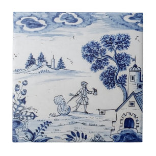 Carreau Antique Delft Tile-Pastoral Scène-Bleu & Blanc-2