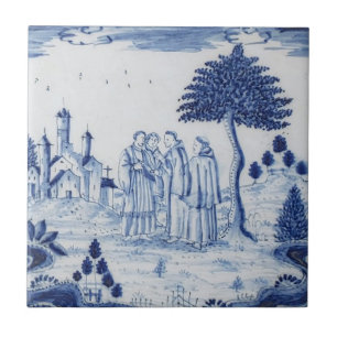Carreau Antique Delft Tile-Pastoral Scène-Bleu & Blanc-3