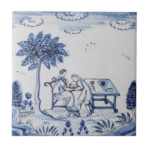 Carreau Antique Delft Tile-Pastoral Scène-Bleu & Blanc-9